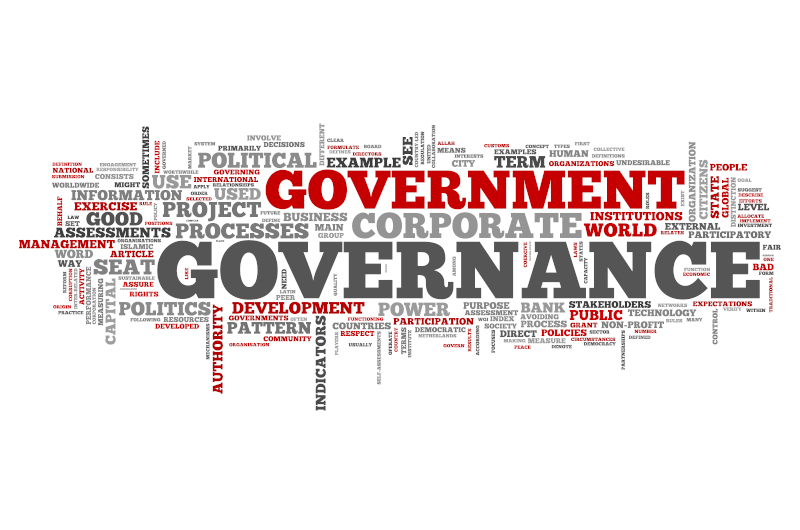 A word cloud with GOVERNANCE and GOVERNMENT prominently featured, surrounded by related terms such as administration, corporate, processes, development, power, and project.