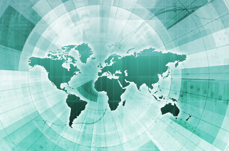 A digital illustration of a world map in green tones with radiating lines and abstract technological elements, evoking the dynamic connections of global commerce in the background.